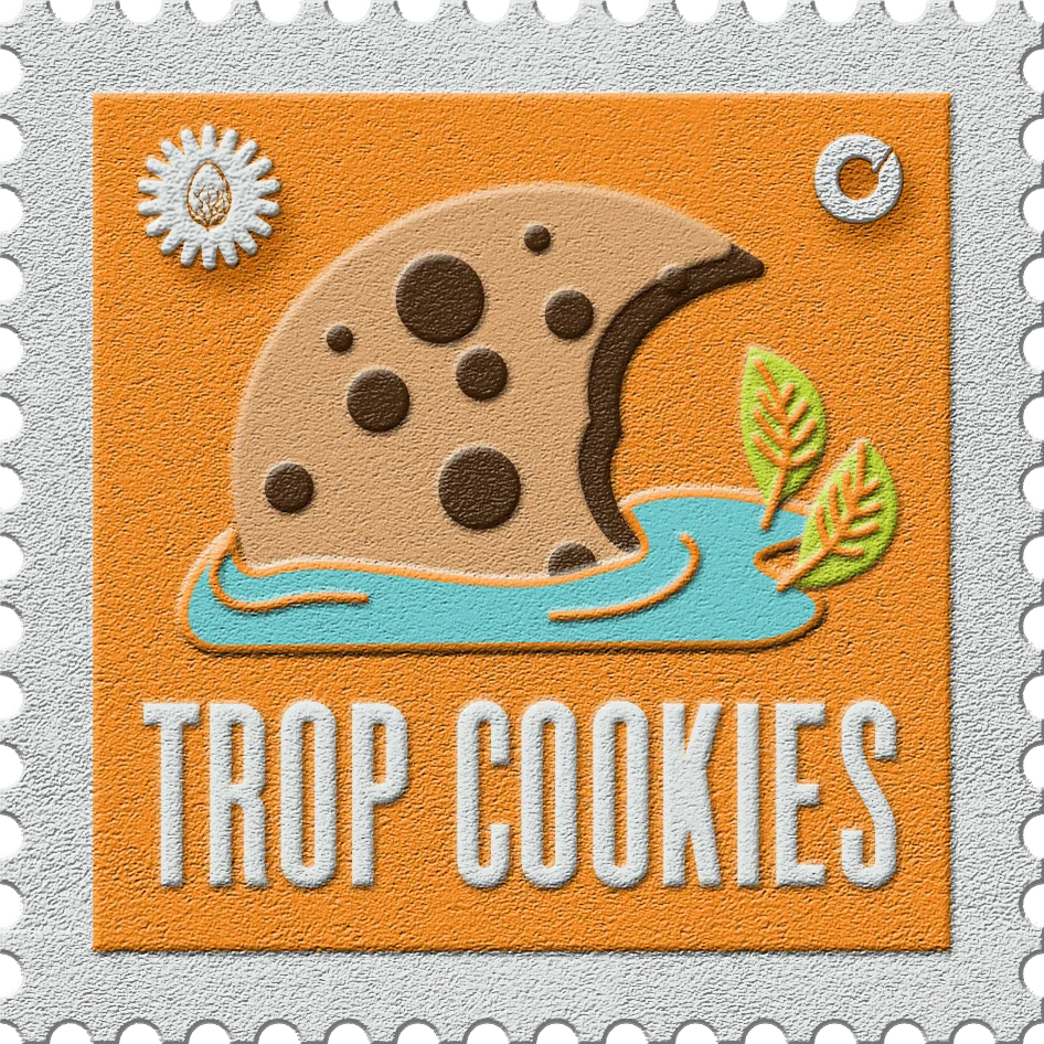 Trop Cookies stamp, No. 30 in the Official Cannabis collection: a bitten cookie splashing into a puddle on orange