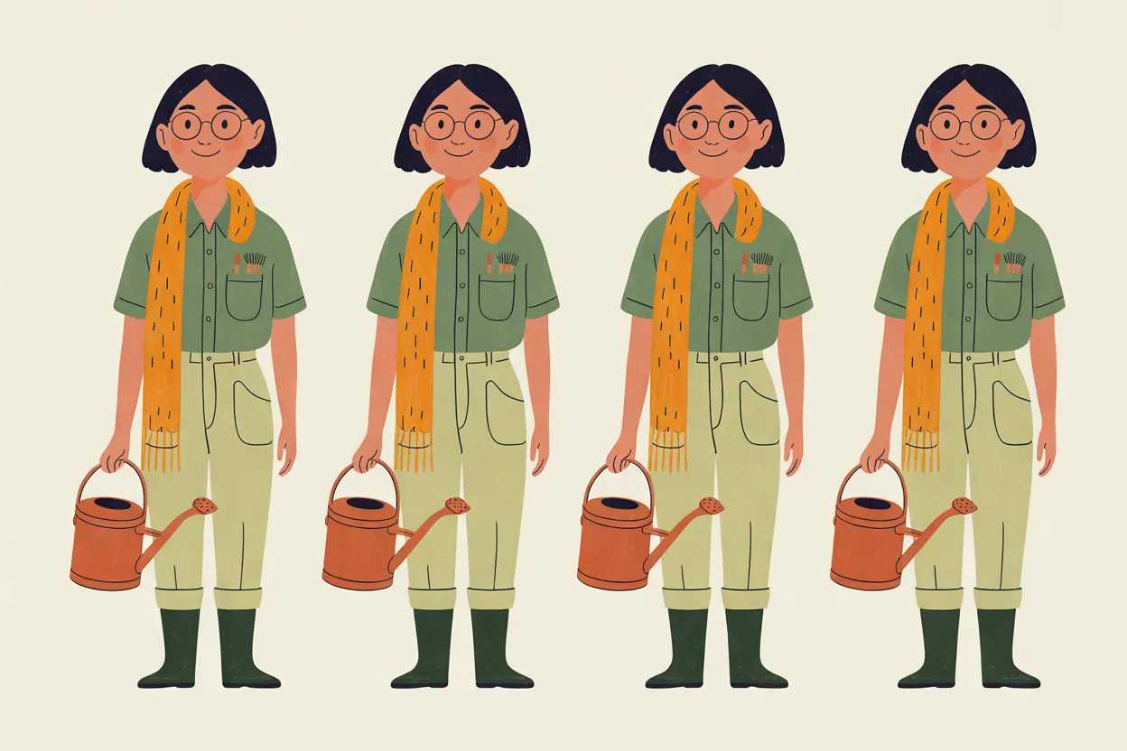 The Orangery Keeper character sheet on a warm cream background: four identical full-body front views side by side, each smiling with closed lips and holding a copper watering can by its handle in one hand, the other arm at her side. In every view she has a short black bob, round spectacles, a sage-green short-sleeved shirt with brushes in the pocket, a long tangerine knitted scarf, pale khaki trousers and dark green rubber boots.