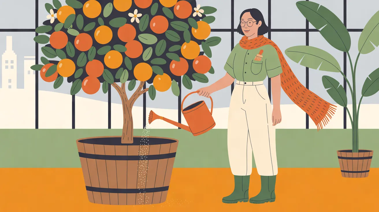 The Orangery Keeper, a young woman with a short black bob and round wire-rimmed spectacles, in a short-sleeved sage-green shirt with a paintbrush in the pocket, high-waisted cream trousers, dark green rubber boots and a long tangerine knitted scarf, stands right of center in a glasshouse and tilts an orange watering can; a stream of water drops falls from its spout down the front of a big wooden tub. The tub holds an orange tree with ripe oranges and a few white blossoms that fills the left half of the picture, and a banana plant in a smaller tub stands at the far right. Behind them, dark-framed glass panes above a sage-green wall show pale cream city buildings and a cream slope under a pale grey sky, and the floor is orange.