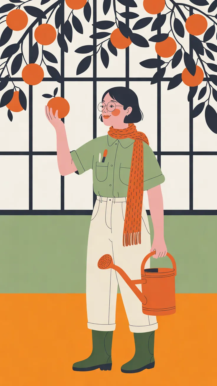 The Orangery Keeper standing on an orange floor inside a glasshouse, holding a ripe orange up in one hand and an orange watering can in the other, with a short black bob and round spectacles, in a sage-green shirt with a pen and a brush in the pocket, cream trousers, dark green rubber boots and a long tangerine knitted scarf. Branches with dark leaves and oranges hang across the top of the picture in front of the dark-framed glass panes.